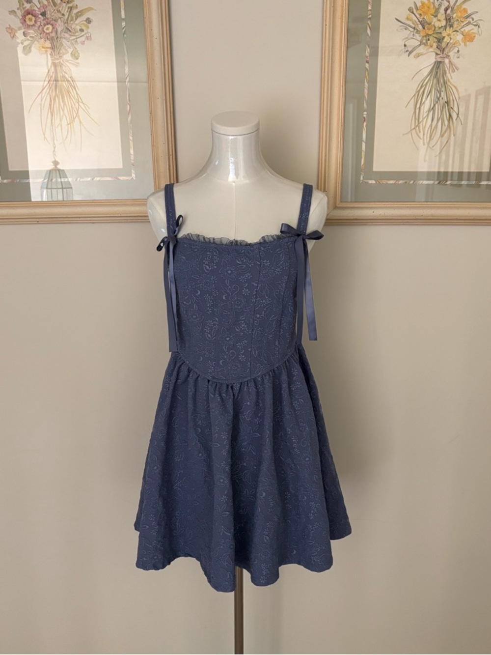Muted Blue Embossed Corset Dress with Bow Ties